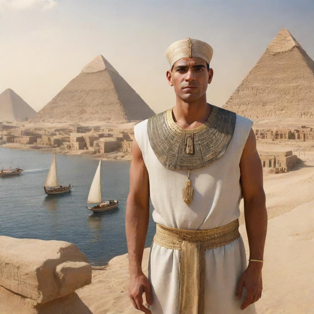 A realistic portrayal of an ancient Egyptian citizen engaging in daily activities. Dressed in traditional clothing, interacting with hieroglyphics, against the backdrop of the Nile river, pyramids, and ancient Egyptian structures.