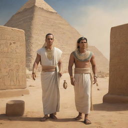 A realistic portrayal of an ancient Egyptian citizen engaging in daily activities. Dressed in traditional clothing, interacting with hieroglyphics, against the backdrop of the Nile river, pyramids, and ancient Egyptian structures.