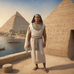 A realistic portrayal of an ancient Egyptian citizen engaging in daily activities. Dressed in traditional clothing, interacting with hieroglyphics, against the backdrop of the Nile river, pyramids, and ancient Egyptian structures.