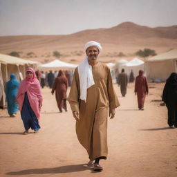 A portrayal of a modern Libyan citizen. Showcasing traditional clothing, engaging in daily activities in an urban setting, and interacting in vibrant markets. Have the famed Sahara Desert in the backdrop as a testament to Libya's geography.