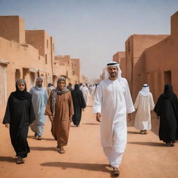 A portrayal of a modern Libyan citizen. Showcasing traditional clothing, engaging in daily activities in an urban setting, and interacting in vibrant markets. Have the famed Sahara Desert in the backdrop as a testament to Libya's geography.