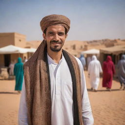 A portrayal of a modern Libyan citizen. Showcasing traditional clothing, engaging in daily activities in an urban setting, and interacting in vibrant markets. Have the famed Sahara Desert in the backdrop as a testament to Libya's geography.