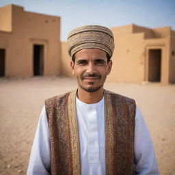 Portrait of a Libyan citizen dressed in traditional clothing, in a daily-life setting. Show the rich cultural heritage and lifestyle against a backdrop of both urban and rural Libya, with markets, desert landscapes, and modern architecture.