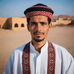 Portrait of a Libyan citizen dressed in traditional clothing, in a daily-life setting. Show the rich cultural heritage and lifestyle against a backdrop of both urban and rural Libya, with markets, desert landscapes, and modern architecture.