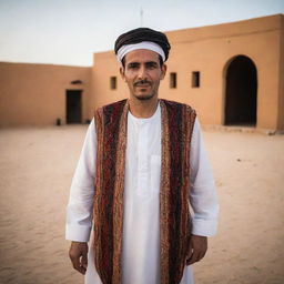 Portrait of a Libyan citizen dressed in traditional clothing, in a daily-life setting. Show the rich cultural heritage and lifestyle against a backdrop of both urban and rural Libya, with markets, desert landscapes, and modern architecture.