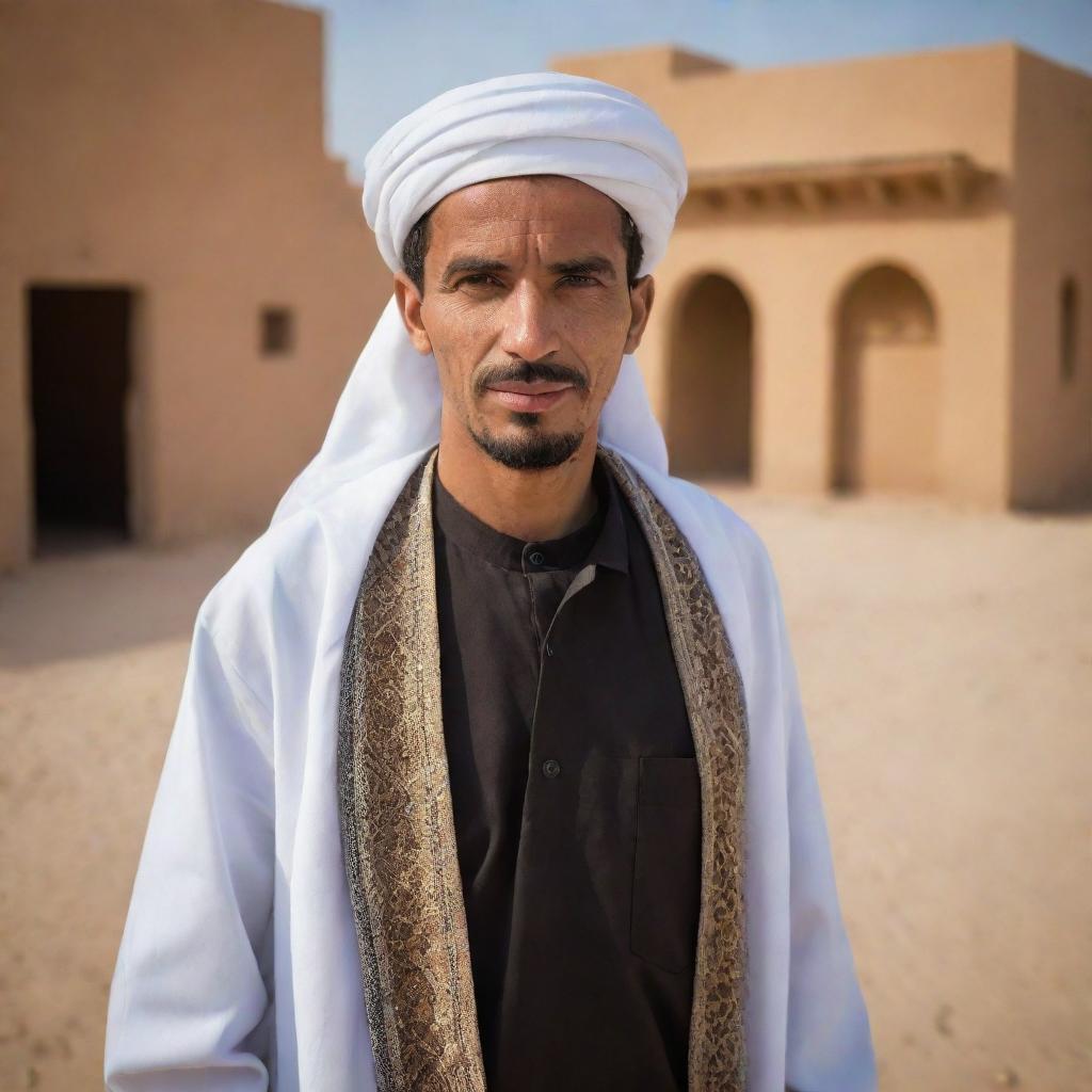 Portrait of a Libyan citizen dressed in traditional clothing, in a daily-life setting. Show the rich cultural heritage and lifestyle against a backdrop of both urban and rural Libya, with markets, desert landscapes, and modern architecture.