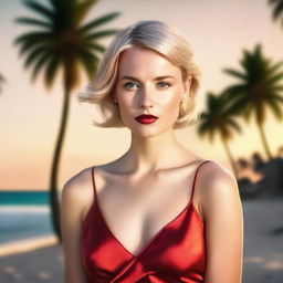 A high-resolution, photorealistic image of a captivating blonde woman with short hair in a transparent red satin dress on a beach with palm trees at sunset