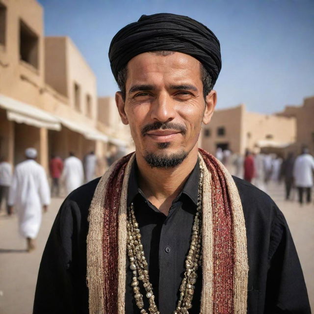 A dynamic snapshot of a modern Libyan citizen in traditional attire. The background encompasses typical Libyan elements like bustling marketplace, architectural marvels, and arid desert landscape, illustrating the warmth and richness of Libyan life.