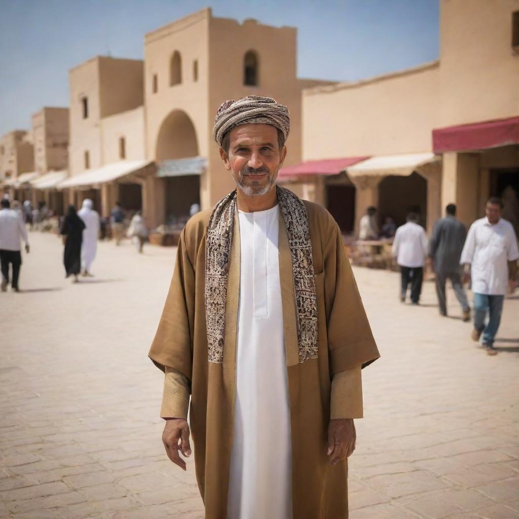 A dynamic snapshot of a modern Libyan citizen in traditional attire. The background encompasses typical Libyan elements like bustling marketplace, architectural marvels, and arid desert landscape, illustrating the warmth and richness of Libyan life.