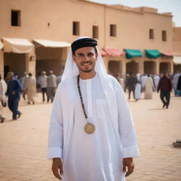 A dynamic snapshot of a modern Libyan citizen in traditional attire. The background encompasses typical Libyan elements like bustling marketplace, architectural marvels, and arid desert landscape, illustrating the warmth and richness of Libyan life.