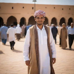 A dynamic snapshot of a modern Libyan citizen in traditional attire. The background encompasses typical Libyan elements like bustling marketplace, architectural marvels, and arid desert landscape, illustrating the warmth and richness of Libyan life.