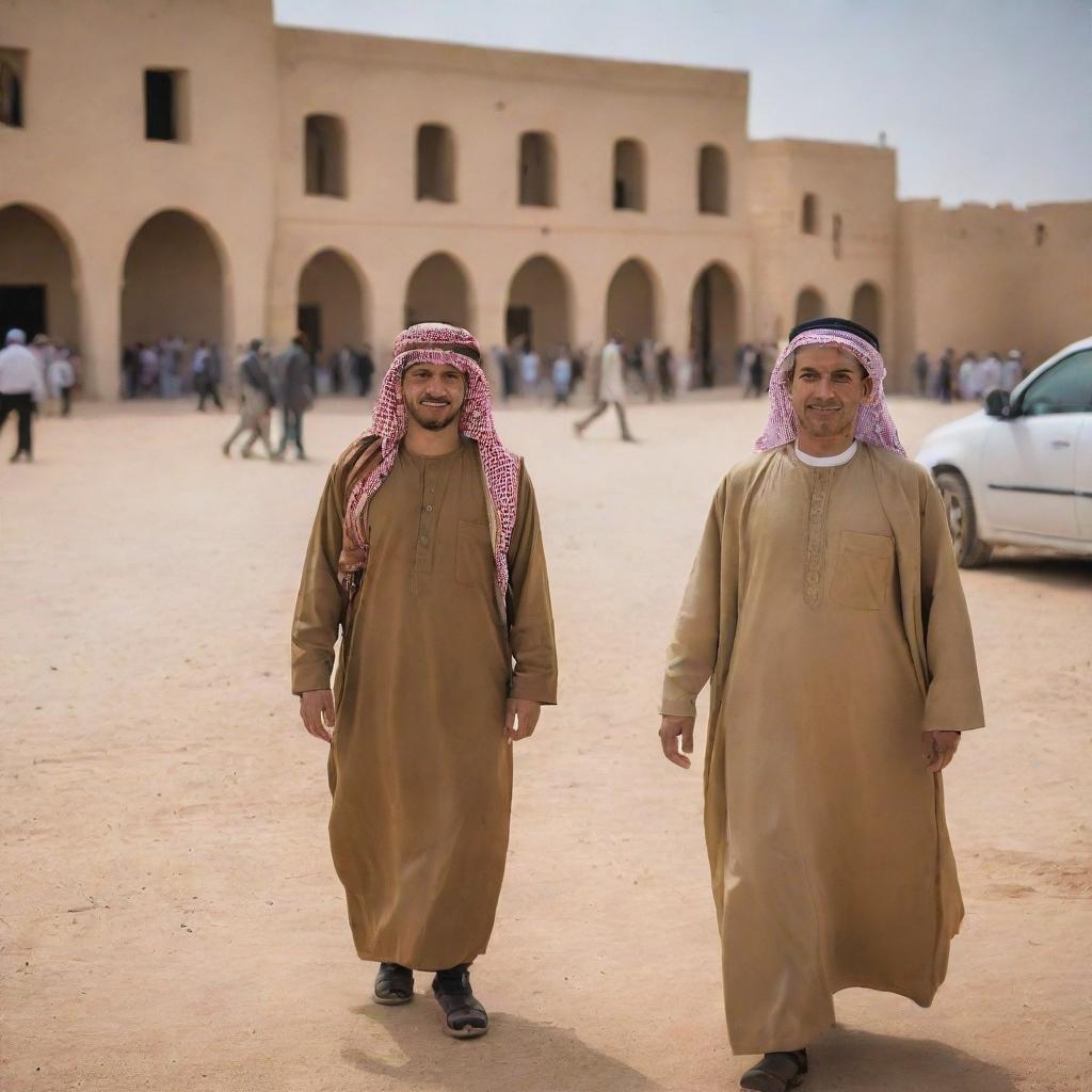 A day in the life of a modern Libyan citizen, capturing elements of tradition, culture, and the local environment. Highlights include traditional clothing, daily activities, the urban or rural landscape, and iconic Libyan landmarks.