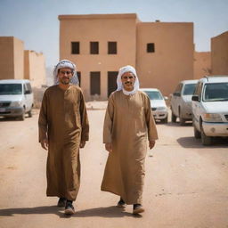 A day in the life of a modern Libyan citizen, capturing elements of tradition, culture, and the local environment. Highlights include traditional clothing, daily activities, the urban or rural landscape, and iconic Libyan landmarks.