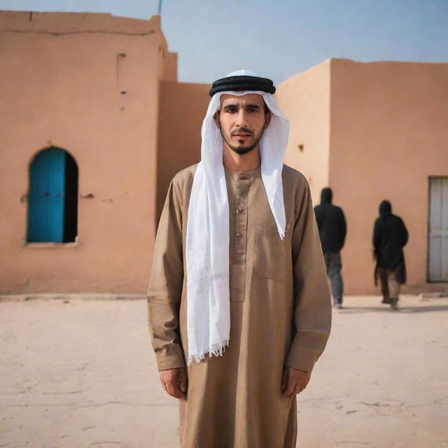 A day in the life of a modern Libyan citizen, capturing elements of tradition, culture, and the local environment. Highlights include traditional clothing, daily activities, the urban or rural landscape, and iconic Libyan landmarks.