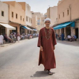 A contemporary Libyan citizen in traditional dress, set against a backdrop of daily life in Libya. Background includes bustling urban streets, colorful souks, and sweeping desert landscapes, evoking the vibrant and resilient spirit of Libyan people.