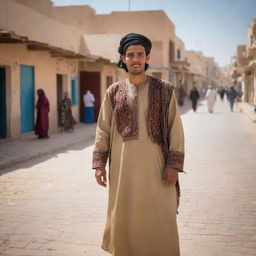 A contemporary Libyan citizen in traditional dress, set against a backdrop of daily life in Libya. Background includes bustling urban streets, colorful souks, and sweeping desert landscapes, evoking the vibrant and resilient spirit of Libyan people.