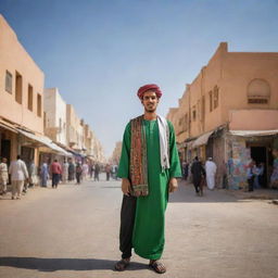 A contemporary Libyan citizen in traditional dress, set against a backdrop of daily life in Libya. Background includes bustling urban streets, colorful souks, and sweeping desert landscapes, evoking the vibrant and resilient spirit of Libyan people.