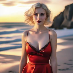 This is a high-quality photo-realistic image of a strikingly attractive vampire girl with short blonde hair on a beach at sunset