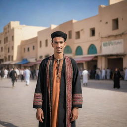 A contemporary Libyan citizen in traditional dress, set against a backdrop of daily life in Libya. Background includes bustling urban streets, colorful souks, and sweeping desert landscapes, evoking the vibrant and resilient spirit of Libyan people.