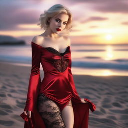 This is a high-quality photo-realistic image of a strikingly attractive vampire girl with short blonde hair on a beach at sunset