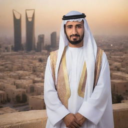 A portrait of a Saudi Arabian citizen dressed in traditional attire, set against the backdrop of a modern Saudi city scene. Show iconic Saudi landmarks and daily activities, illuminating the culture and daily life of a Saudi Arabian.