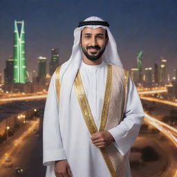 A portrait of a Saudi Arabian citizen dressed in traditional attire, set against the backdrop of a modern Saudi city scene. Show iconic Saudi landmarks and daily activities, illuminating the culture and daily life of a Saudi Arabian.