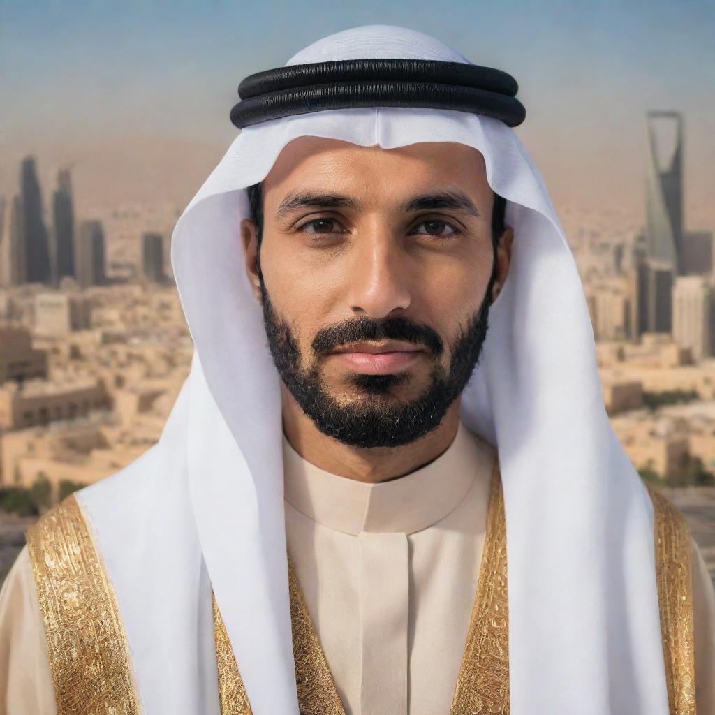 A portrait of a Saudi Arabian citizen dressed in traditional attire, set against the backdrop of a modern Saudi city scene. Show iconic Saudi landmarks and daily activities, illuminating the culture and daily life of a Saudi Arabian.