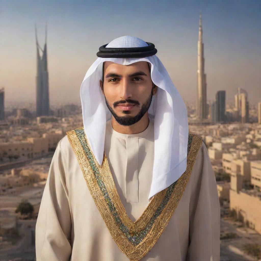 A portrait of a Saudi Arabian citizen dressed in traditional attire, set against the backdrop of a modern Saudi city scene. Show iconic Saudi landmarks and daily activities, illuminating the culture and daily life of a Saudi Arabian.