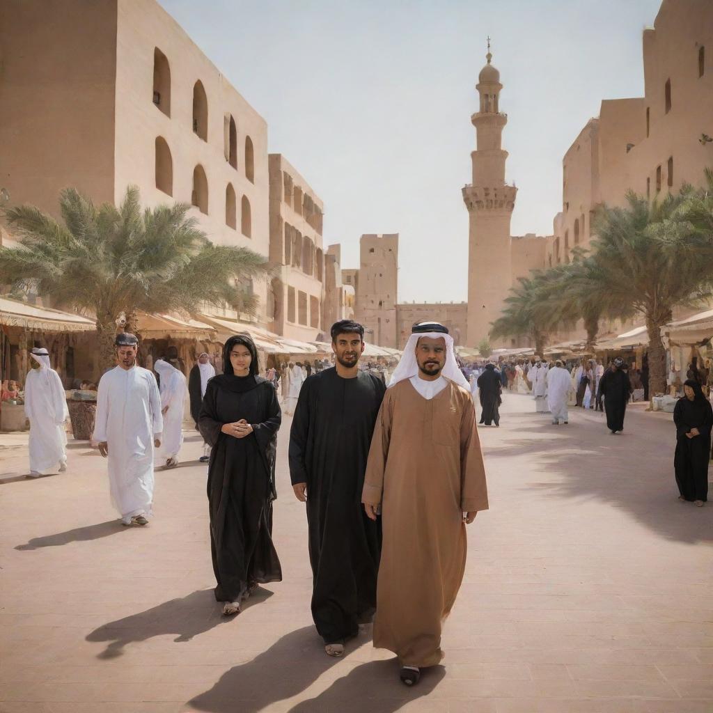 A diverse array of Saudi people in different settings: traditional markets, along the desert, in modern city landscapes, and around historical landmarks. Feature their traditional attire and interactions, showcasing the rich culture and traditions of Saudi Arabia.