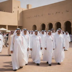 A diverse array of Saudi people in different settings: traditional markets, along the desert, in modern city landscapes, and around historical landmarks. Feature their traditional attire and interactions, showcasing the rich culture and traditions of Saudi Arabia.