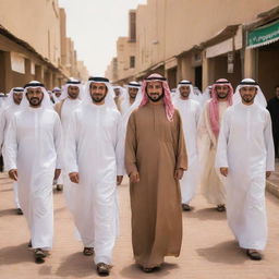 A diverse array of Saudi people in different settings: traditional markets, along the desert, in modern city landscapes, and around historical landmarks. Feature their traditional attire and interactions, showcasing the rich culture and traditions of Saudi Arabia.