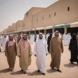 A diverse array of Saudi people in different settings: traditional markets, along the desert, in modern city landscapes, and around historical landmarks. Feature their traditional attire and interactions, showcasing the rich culture and traditions of Saudi Arabia.