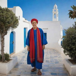 A vivid portrayal of a Tunisian citizen in traditional clothing, amidst daily activities. Backdrop includes the vibrant medina of Tunis, beautiful blue-white architecture of Sidi Bou Said, and scenic olive groves, resonating with the cultural richness of Tunisia.