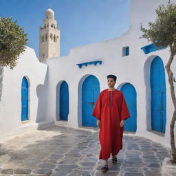 A vivid portrayal of a Tunisian citizen in traditional clothing, amidst daily activities. Backdrop includes the vibrant medina of Tunis, beautiful blue-white architecture of Sidi Bou Said, and scenic olive groves, resonating with the cultural richness of Tunisia.