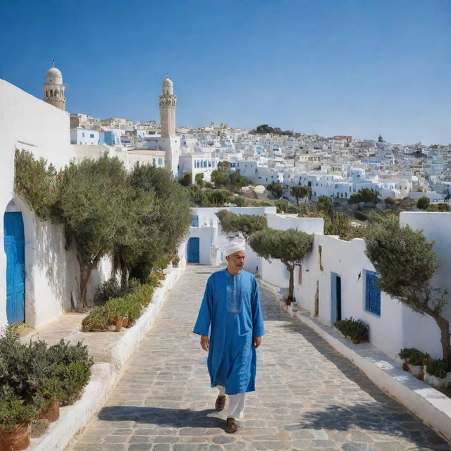 A vivid portrayal of a Tunisian citizen in traditional clothing, amidst daily activities. Backdrop includes the vibrant medina of Tunis, beautiful blue-white architecture of Sidi Bou Said, and scenic olive groves, resonating with the cultural richness of Tunisia.