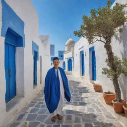 A vivid portrayal of a Tunisian citizen in traditional clothing, amidst daily activities. Backdrop includes the vibrant medina of Tunis, beautiful blue-white architecture of Sidi Bou Said, and scenic olive groves, resonating with the cultural richness of Tunisia.