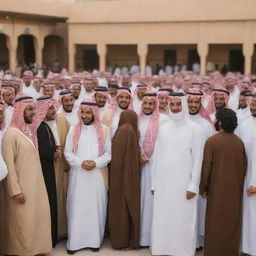 A group of Saudi people in traditional attire, socializing and embracing their rich cultural traditions in a bustling marketplace.