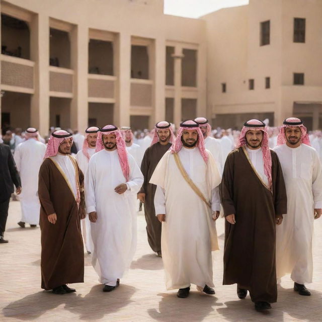 A group of Saudi people in traditional attire, socializing and embracing their rich cultural traditions in a bustling marketplace.