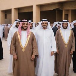 A group of Saudi people in traditional attire, socializing and embracing their rich cultural traditions in a bustling marketplace.