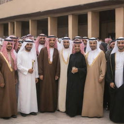 A group of Saudi people in traditional attire, socializing and embracing their rich cultural traditions in a bustling marketplace.