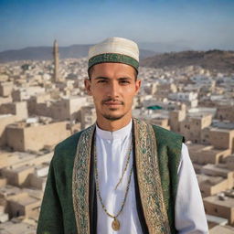 A portrait of an Algerian citizen dressed in traditional attire, surrounded by the hustle and bustle of an Algerian city. The background showcases the country's beautiful landscapes, historic architecture, and city life, reflecting the richness of Algerian culture.