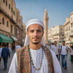 A portrait of an Algerian citizen dressed in traditional attire, surrounded by the hustle and bustle of an Algerian city. The background showcases the country's beautiful landscapes, historic architecture, and city life, reflecting the richness of Algerian culture.