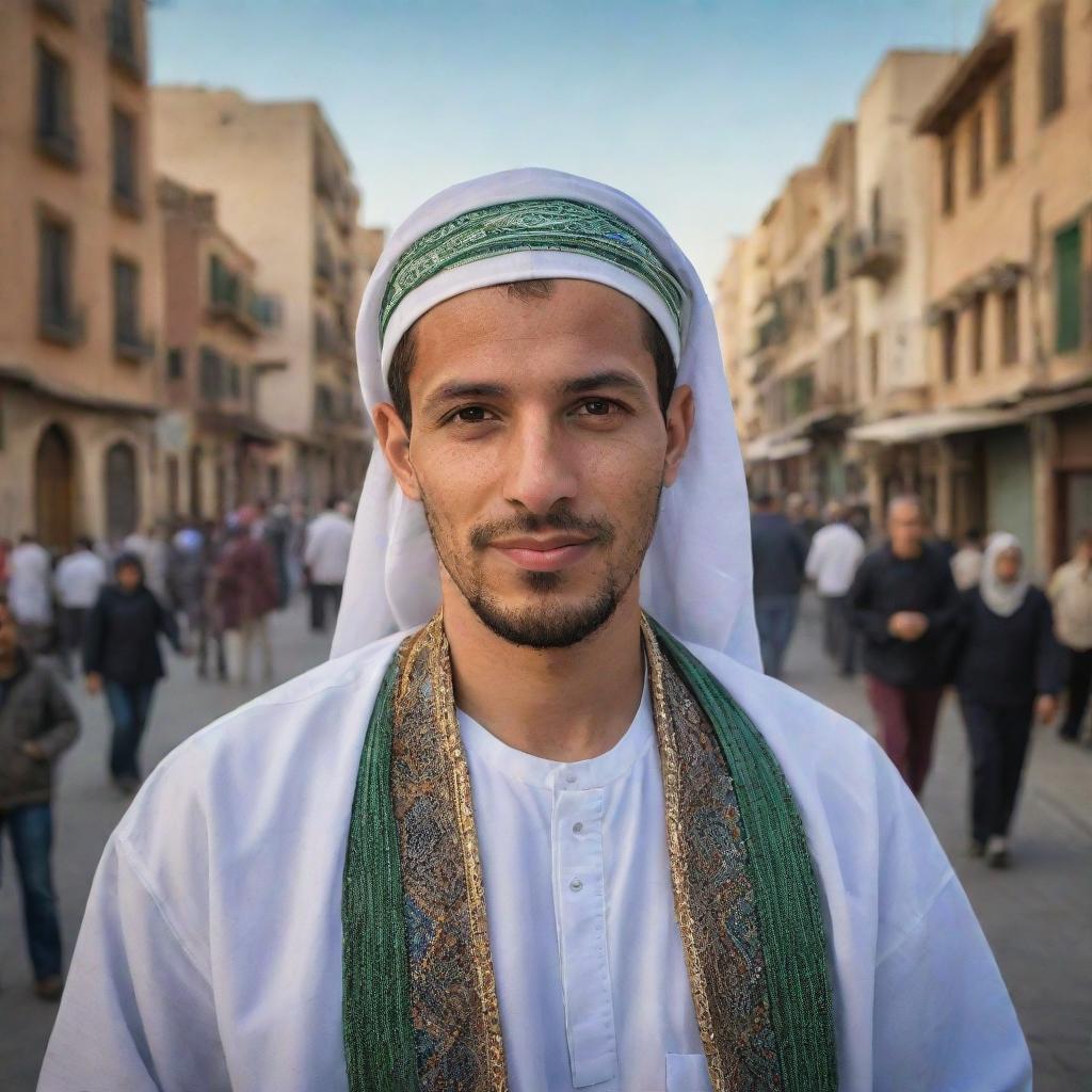 A portrait of an Algerian citizen dressed in traditional attire, surrounded by the hustle and bustle of an Algerian city. The background showcases the country's beautiful landscapes, historic architecture, and city life, reflecting the richness of Algerian culture.