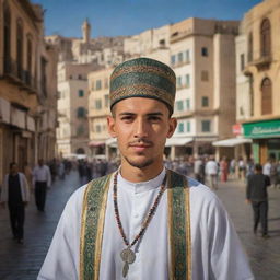 A portrait of an Algerian citizen dressed in traditional attire, surrounded by the hustle and bustle of an Algerian city. The background showcases the country's beautiful landscapes, historic architecture, and city life, reflecting the richness of Algerian culture.