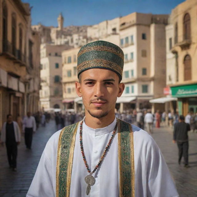 A portrait of an Algerian citizen dressed in traditional attire, surrounded by the hustle and bustle of an Algerian city. The background showcases the country's beautiful landscapes, historic architecture, and city life, reflecting the richness of Algerian culture.