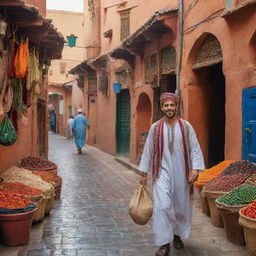 A lively portrayal of a Moroccan citizen in traditional attire, engaging in day-to-day activities. The backdrop showcases colorful markets, stunning Moorish architecture, and the vibrant streets of a historical medina, encapsulating the rich and diverse culture of Morocco.