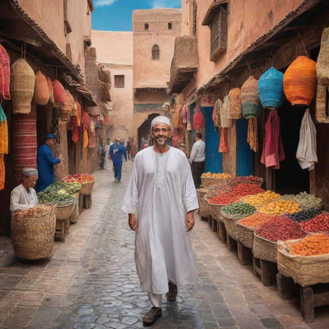 A lively portrayal of a Moroccan citizen in traditional attire, engaging in day-to-day activities. The backdrop showcases colorful markets, stunning Moorish architecture, and the vibrant streets of a historical medina, encapsulating the rich and diverse culture of Morocco.