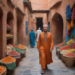 A lively portrayal of a Moroccan citizen in traditional attire, engaging in day-to-day activities. The backdrop showcases colorful markets, stunning Moorish architecture, and the vibrant streets of a historical medina, encapsulating the rich and diverse culture of Morocco.