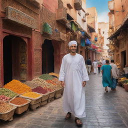 A lively portrayal of a Moroccan citizen in traditional attire, engaging in day-to-day activities. The backdrop showcases colorful markets, stunning Moorish architecture, and the vibrant streets of a historical medina, encapsulating the rich and diverse culture of Morocco.