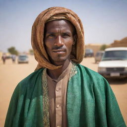 A powerful portrait of a Mauritanian citizen adorned with traditional attire, set against a stark Saharan landscape or the vibrant streets of Nouakchott. Showcase their daily life, enveloped by the rich and unique culture of Mauritania.